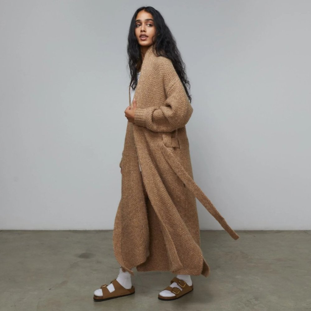 LUNYA Chunky ankle length Wool Belted Robe in tan. Sz. Medium